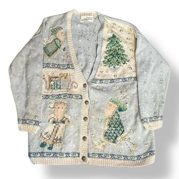 Vintage 90s Marisa Christina Christmas Pastel Blue Knit Cardigan Sweater Plus 2X - Picture 1 of 16